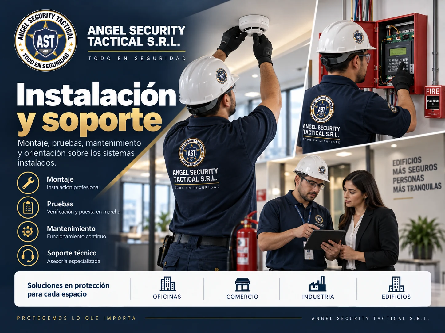Técnicos instalando y dando soporte a sistemas contra incendios
