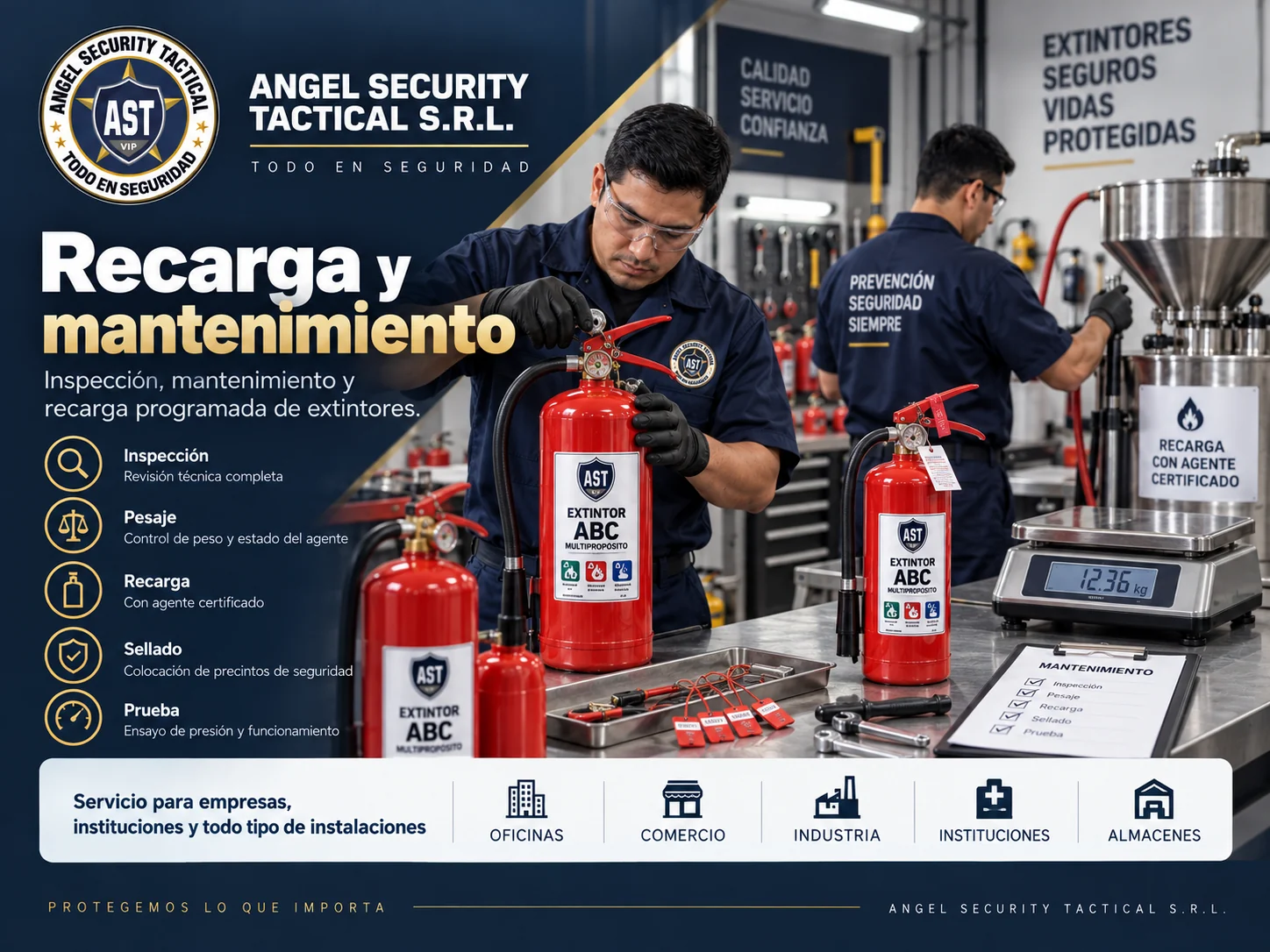 Técnicos realizando inspección recarga y mantenimiento de extintores