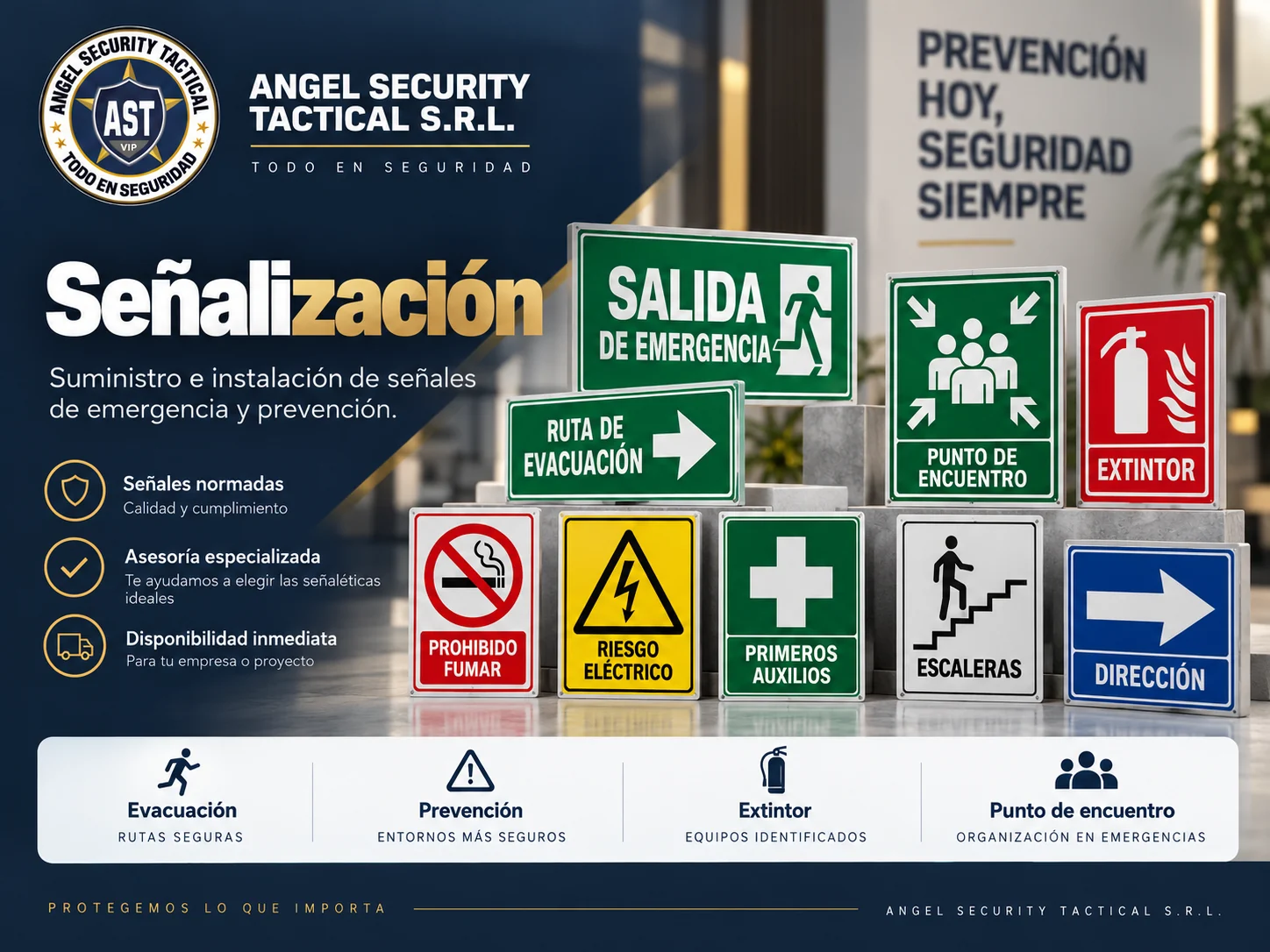 Señales de salida de emergencia ruta de evacuación punto de encuentro extintor y primeros auxilios